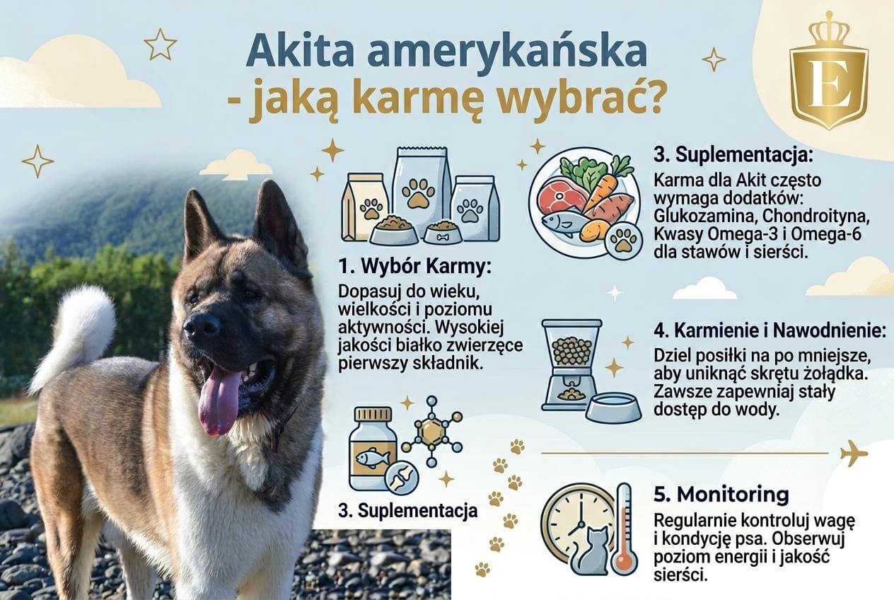 Akita amerykańska jaka karma – infografika o żywieniu psa, wyborze karmy, suplementacji i potrzebach rasy akita